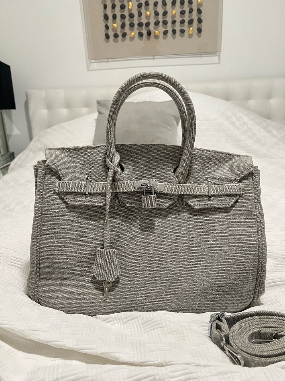 Boatkin Bag Grey Fabric and Silver Hardware. Includes Long Strap.